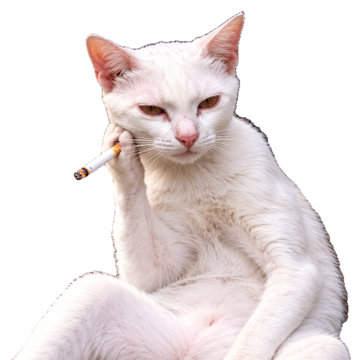 Ciggy, a white cat lounging with a cigarette held to his cheek and a flat, unimpressed stare