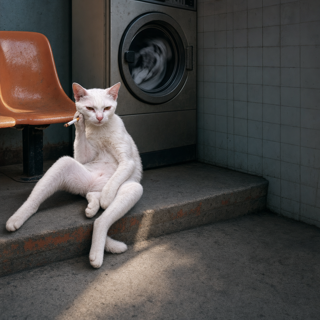 Ciggy sitting on a concrete step in a laundromat beside an orange plastic chair and a spinning washing machine, cigarette in paw